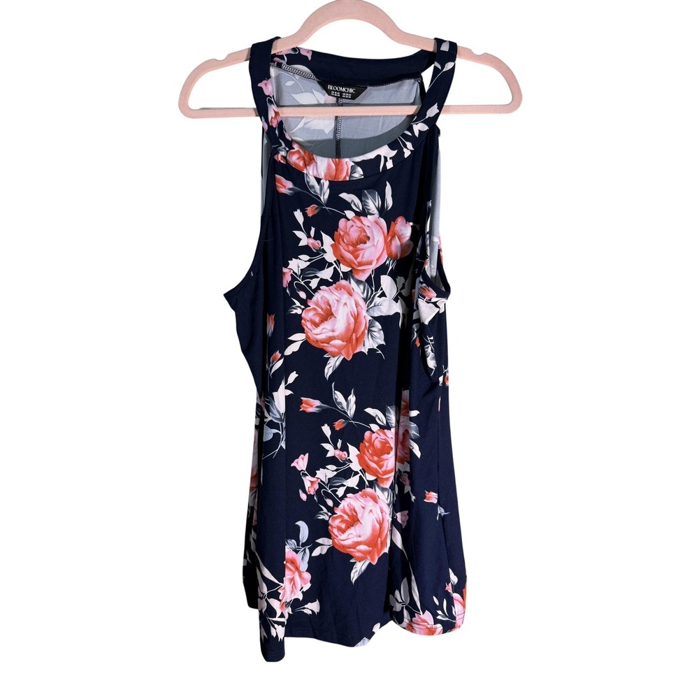 BLOOMCHIC Dress Womens S Blue Floral Short Tank Trapeze Swing Jersey Scoop Neck